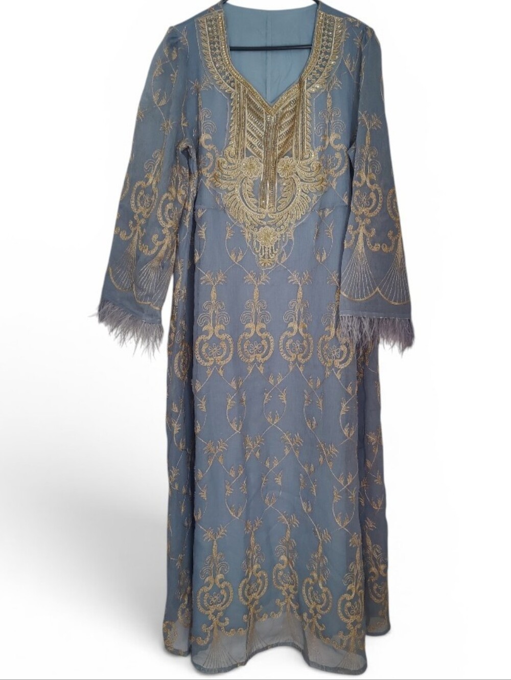 Embroidered Sheer Blue Cafton Maxi Dress with Gold Detail